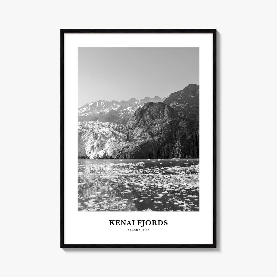 Kenai Fjords National Park black & white classic poster of Alaska, USA – vertical wall art, unframed print shown in interior 