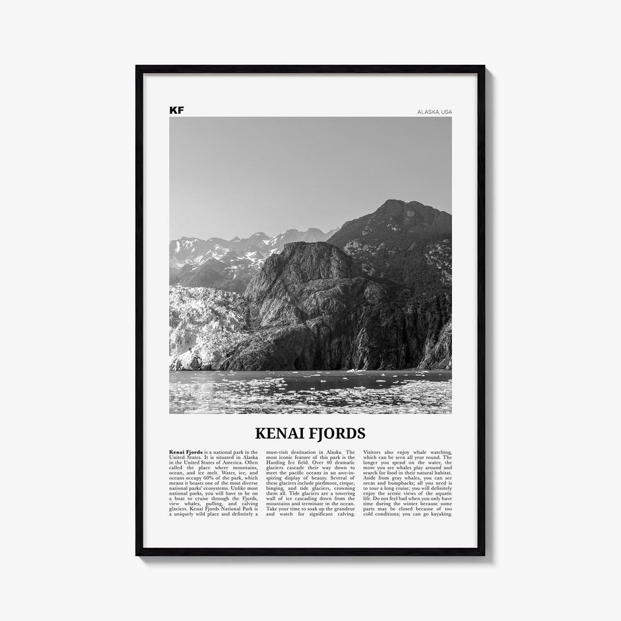 Kenai Fjords National Park black & white newspaper poster of Alaska, USA – vertical wall art, unframed print shown in interio