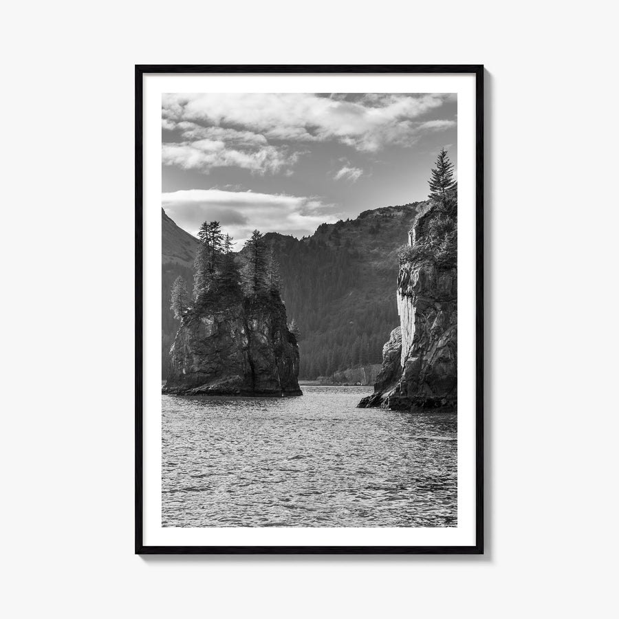 Kenai Fjords National Park black & white photo poster of Alaska, USA – vertical wall art, unframed print shown in interior mo