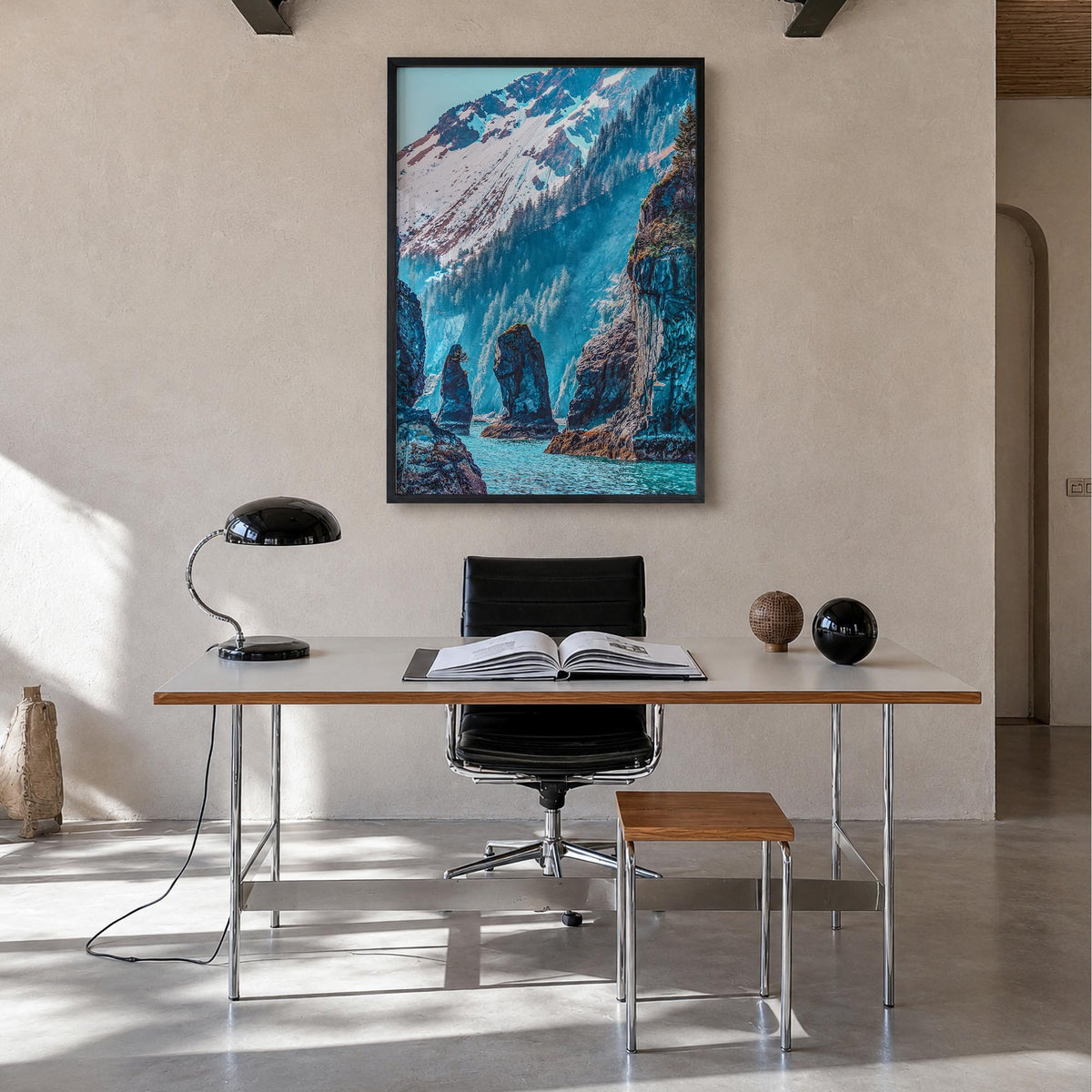 Kenai Fjords National Park colorful photo poster of Alaska, USA – vertical wall art in black wood frame, hanging on wall