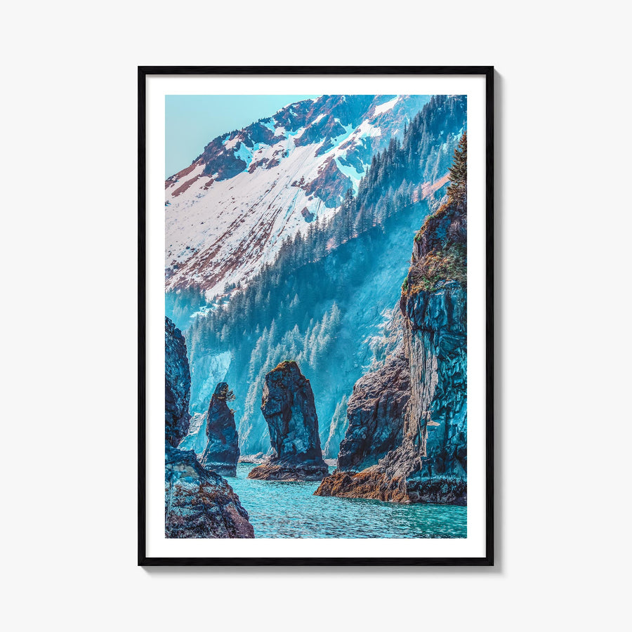 Kenai Fjords National Park colorful photo poster of Alaska, USA – vertical wall art, unframed print shown in interior mockup