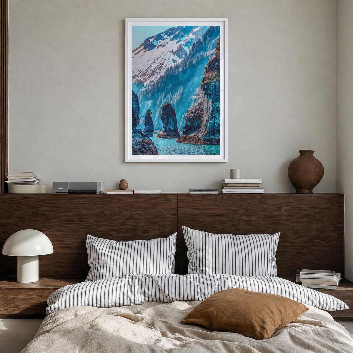 Kenai Fjords National Park colorful photo poster of Alaska, USA – vertical wall art in white wood frame with white border, ha