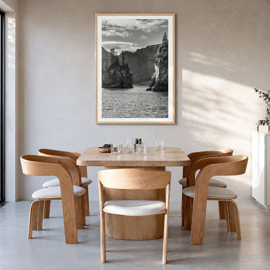 Kenai Fjords National Park Photo Poster in a natural wood frame, hanging in a dining room, white border