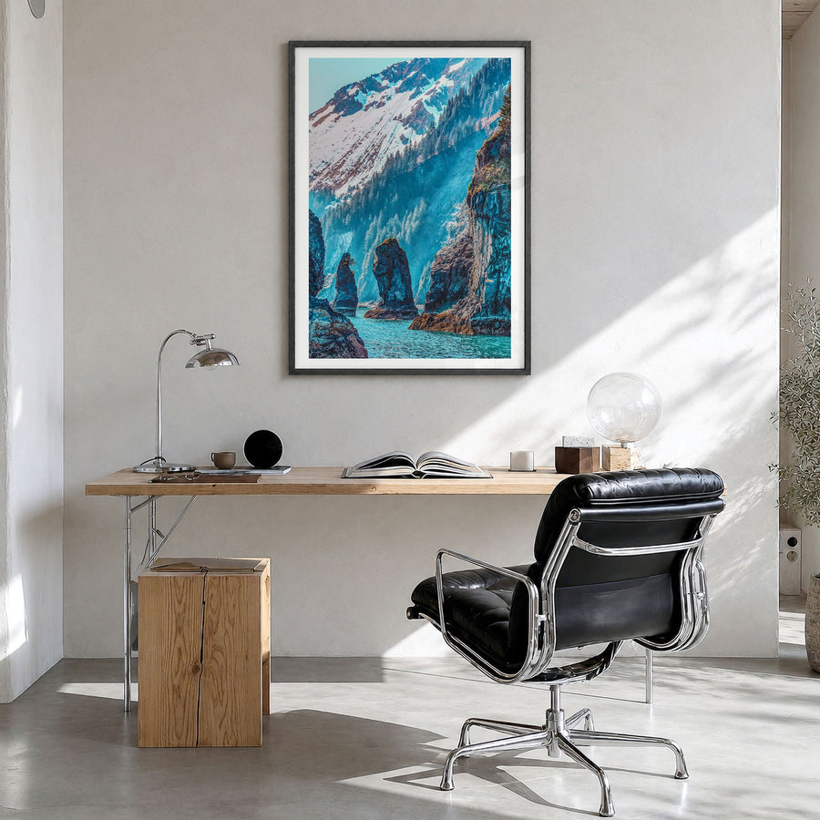Kenai Fjords National Park Photo Poster in a black wood frame, hanging in a bright home office, white border