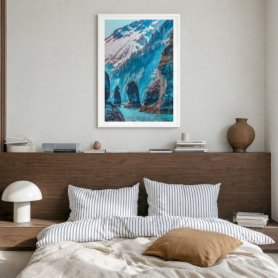 Kenai Fjords National Park Photo Poster in a white wood frame, hanging in a bedroom, white border
