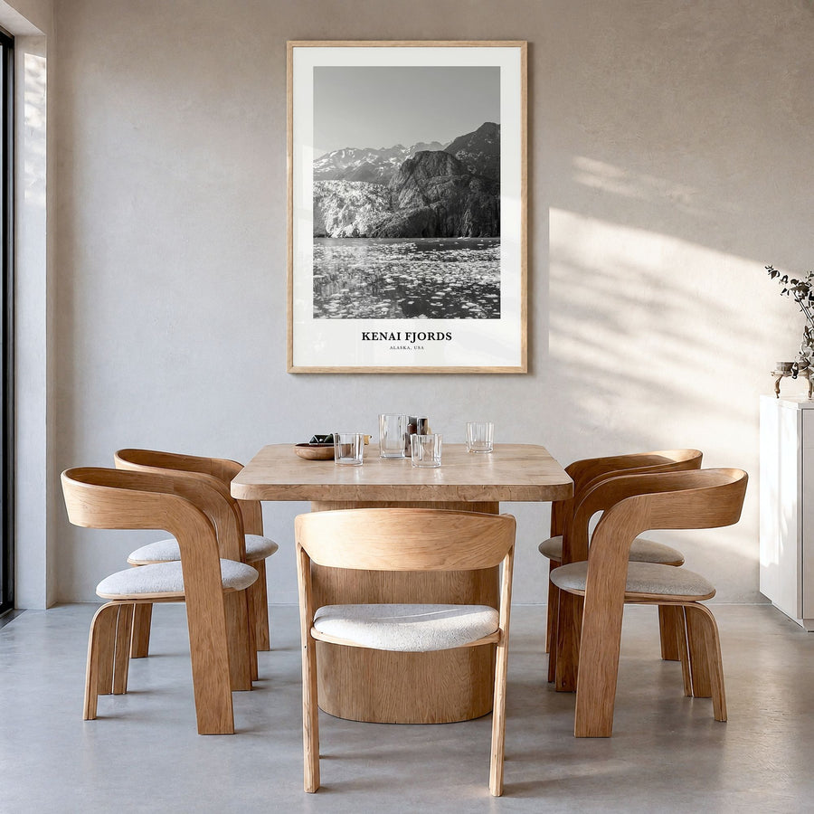 Kenai Fjords National Park Classic Poster in a natural wood frame, hanging in a dining room