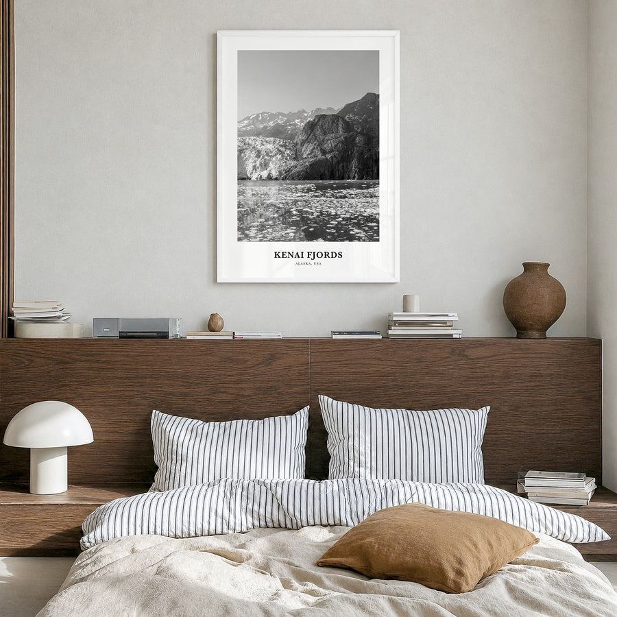 Kenai Fjords National Park Classic Poster in a white wood frame, hanging in a bedroom