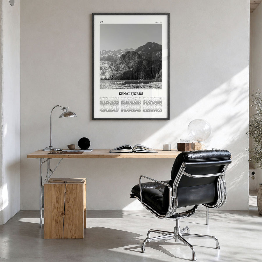 Kenai Fjords National Park Newspaper Poster in a black wood frame, hanging in a bright home office