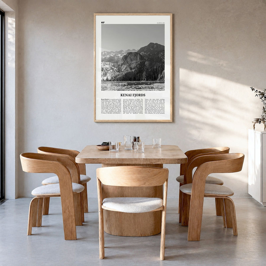 Kenai Fjords National Park Newspaper Poster in a natural wood frame, hanging in a dining room