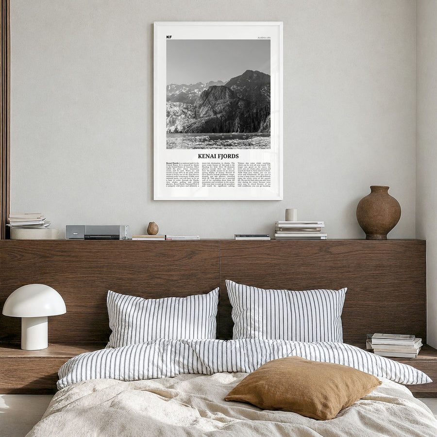 Kenai Fjords National Park Newspaper Poster in a white wood frame, hanging in a bedroom