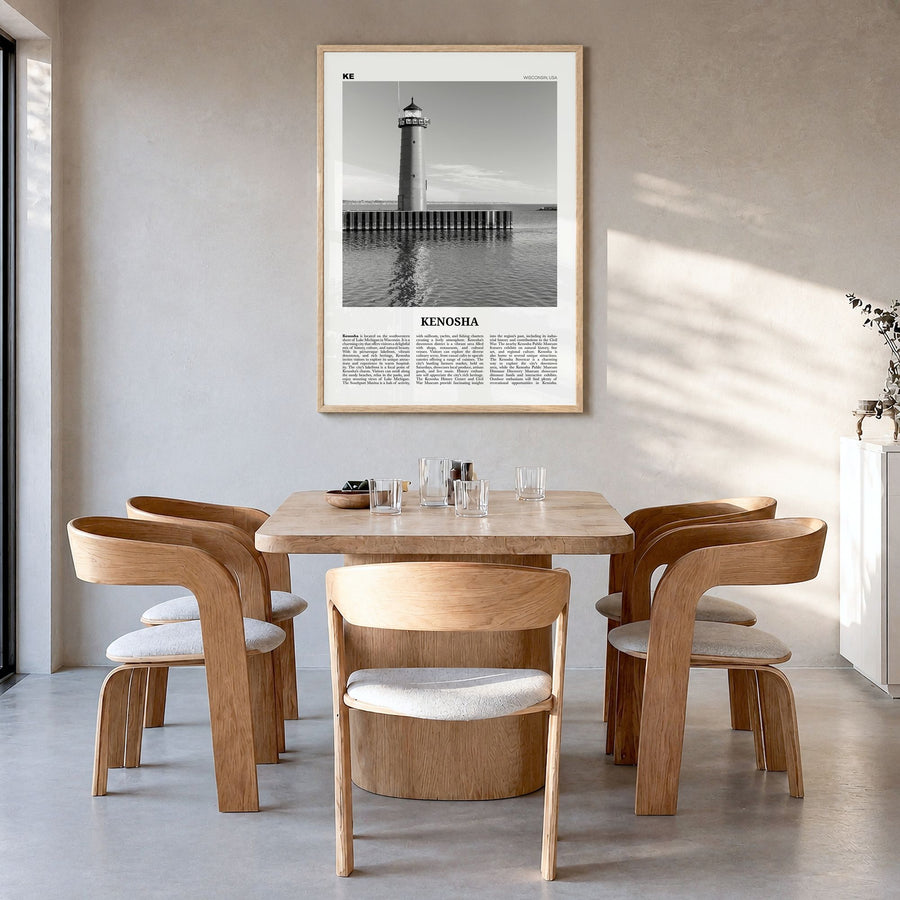 Kenosha Newspaper Poster in a natural wood frame, hanging in a dining room
