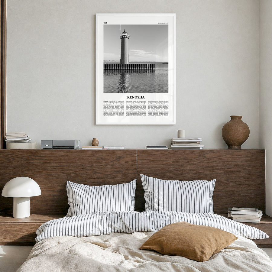 Kenosha Newspaper Poster in a white wood frame, hanging in a bedroom