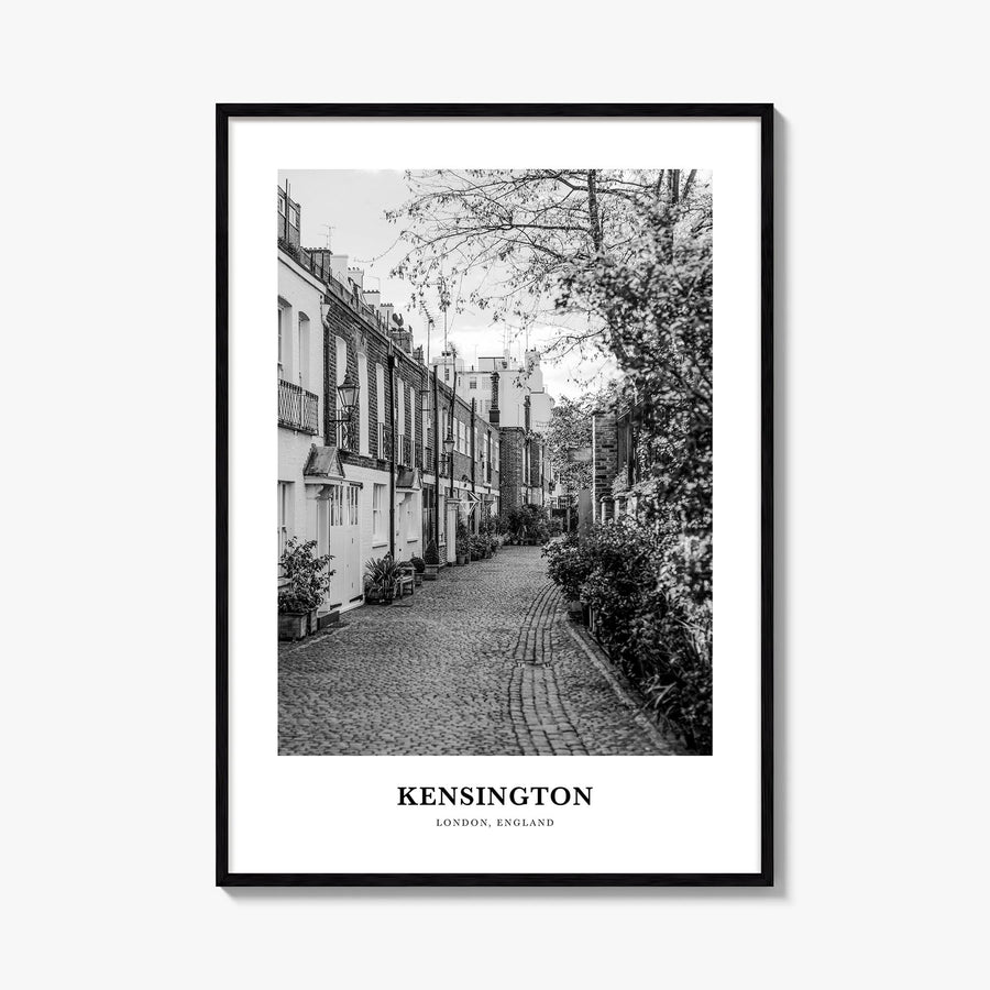 Kensington black & white classic poster of London, England – vertical wall art, unframed print shown in interior mockup