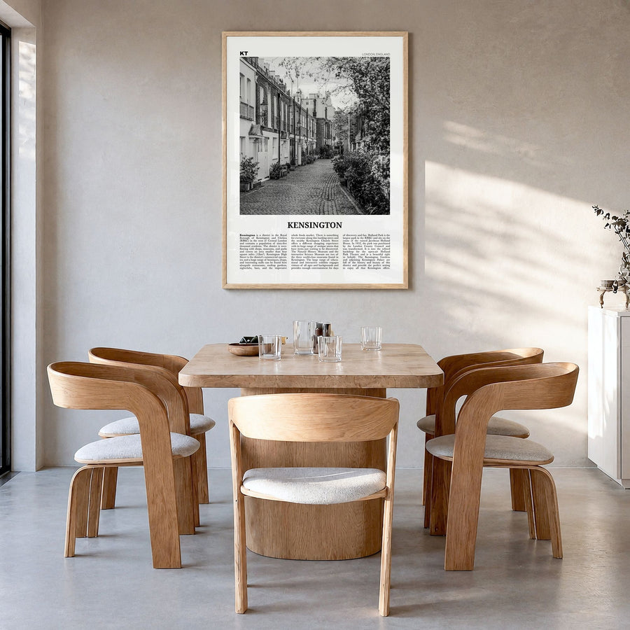 Kensington Newspaper Poster in a natural wood frame, hanging in a dining room