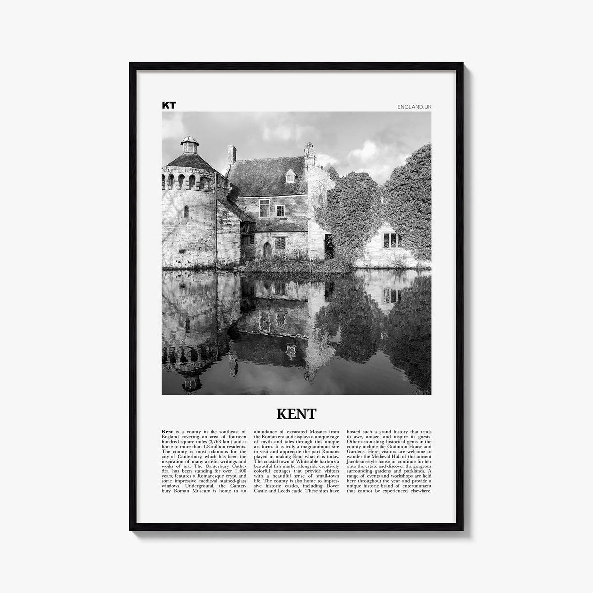 Kent black & white newspaper poster of Washington, USA – vertical wall art, unframed print shown in interior mockup