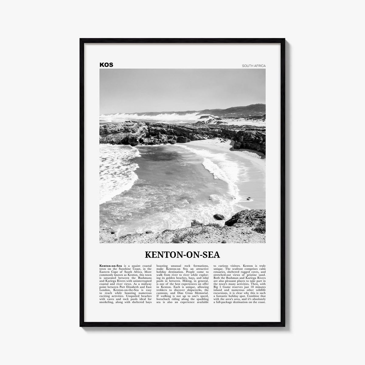 Kenton-on-Sea black & white newspaper poster of South Africa – vertical wall art, unframed print shown in interior mockup