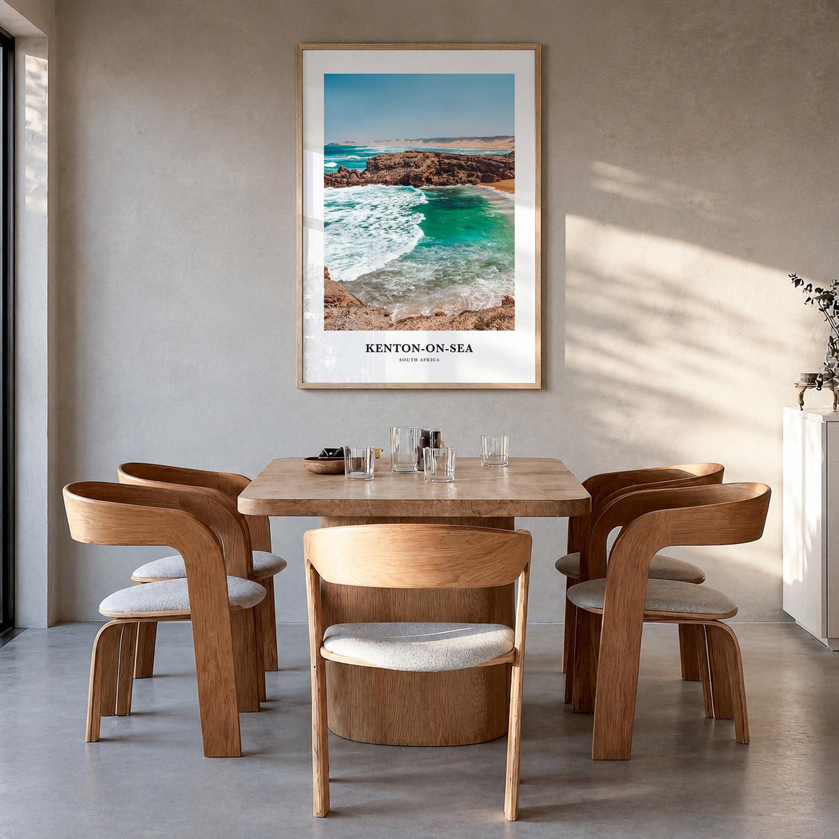 Kenton-on-Sea colorful classic poster of South Africa – vertical wall art in natural wood frame, hanging on wall