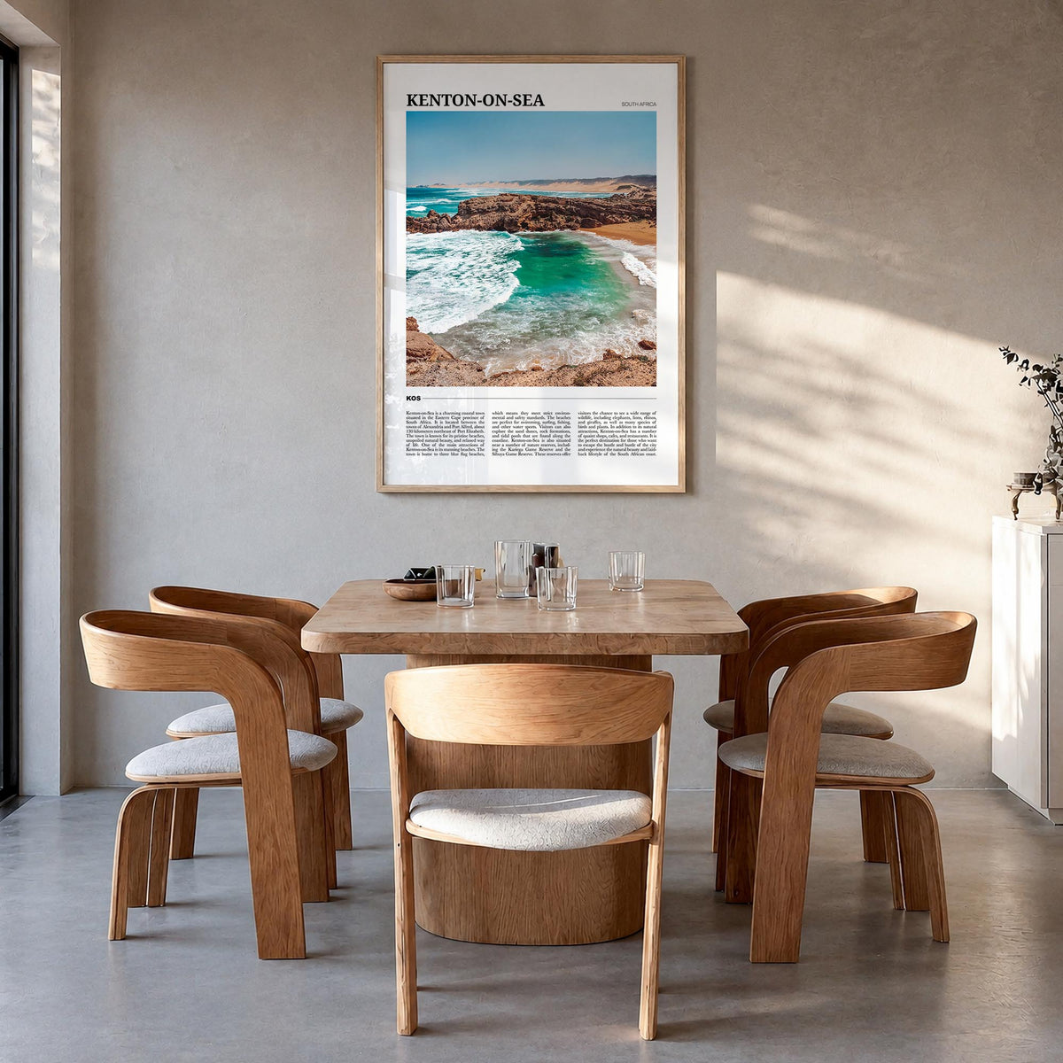 Kenton-on-Sea colorful travel poster of South Africa – vertical wall art in natural wood frame, hanging on wall