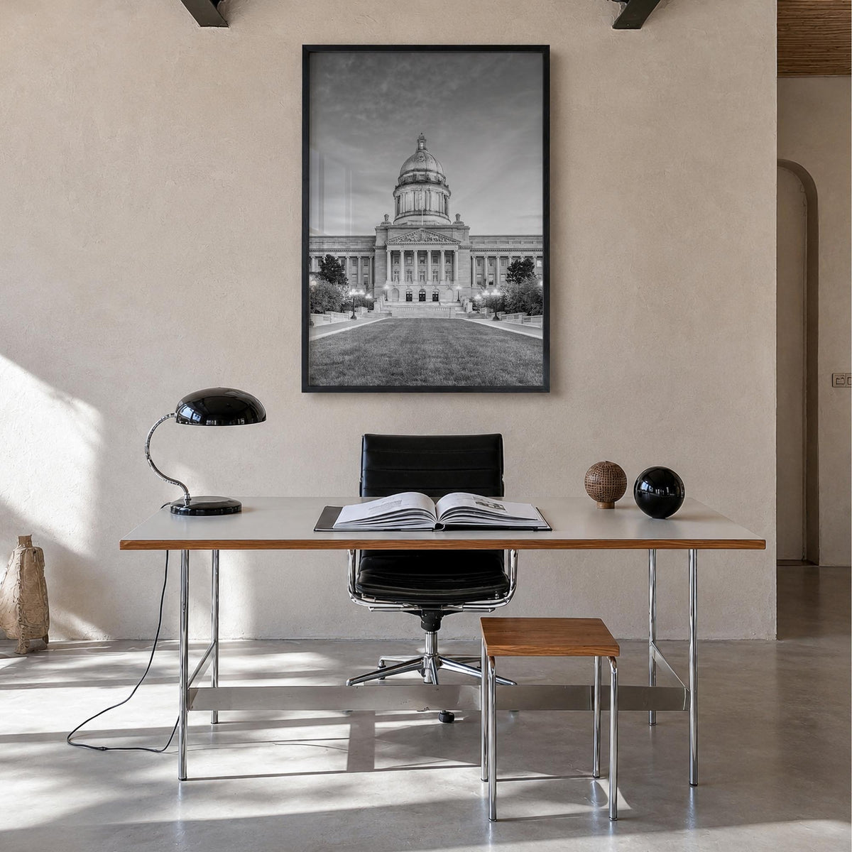Kentucky black & white photo poster of United States – vertical wall art in black wood frame, hanging on wall