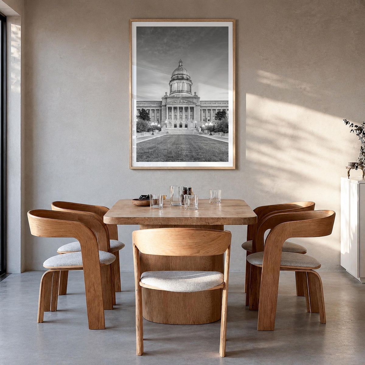 Kentucky black & white photo poster of United States – vertical wall art in natural wood frame with white border, hanging on 