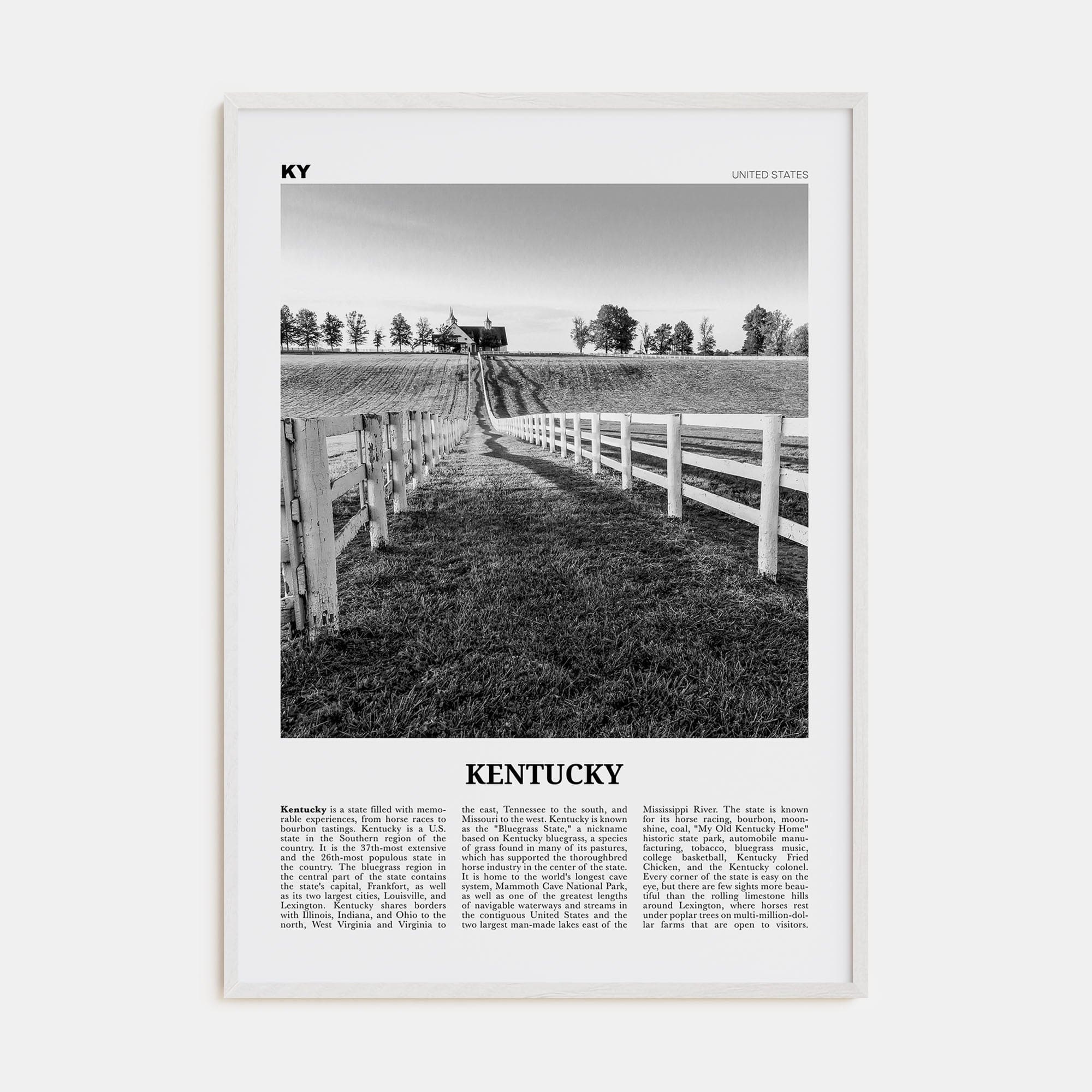 Kentucky No 2 Poster White Wood / 8x12 in Nbourhood Travel B&W Poster