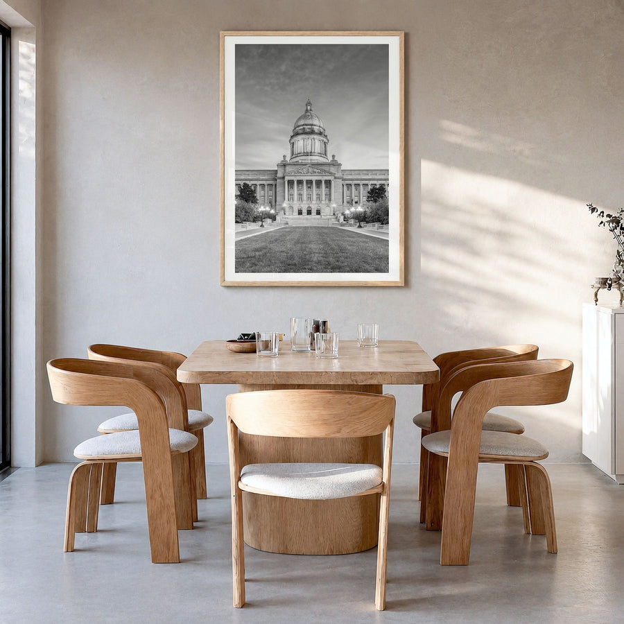 Kentucky Photo Poster in a natural wood frame, hanging in a dining room, white border