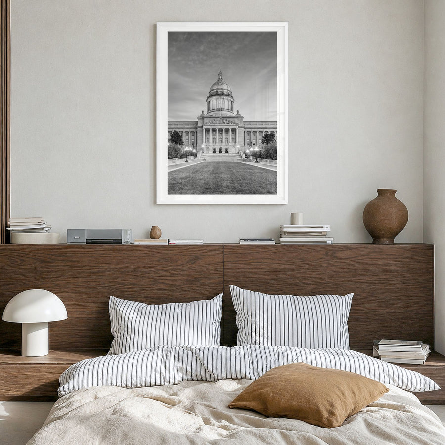 Kentucky Photo Poster in a white wood frame, hanging in a bedroom, white border