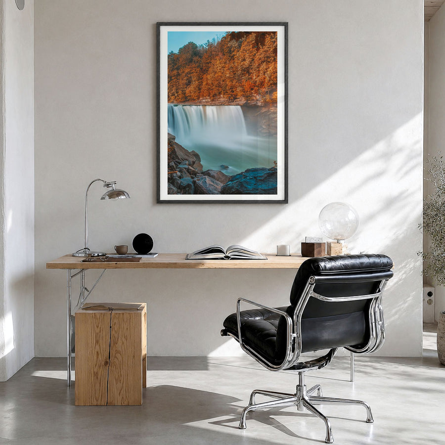 Kentucky Photo No 1 Poster in a black wood frame, hanging in a bright home office, white border