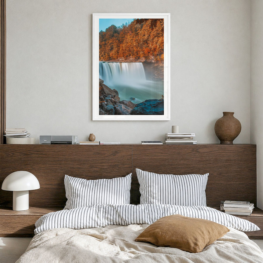 Kentucky Photo No 1 Poster in a white wood frame, hanging in a bedroom, white border