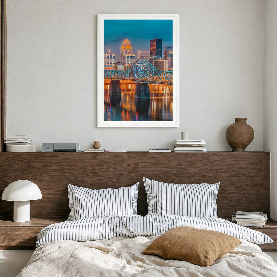 Kentucky Photo No 2 Poster in a white wood frame, hanging in a bedroom, white border
