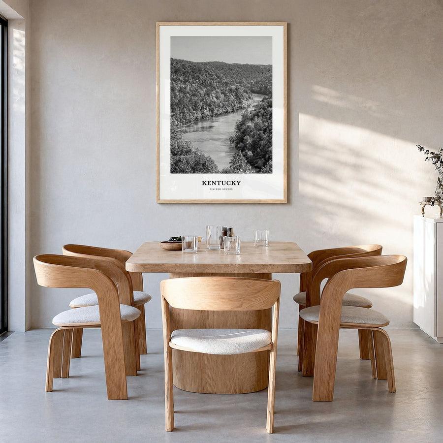 Kentucky Classic Poster in a natural wood frame, hanging in a dining room