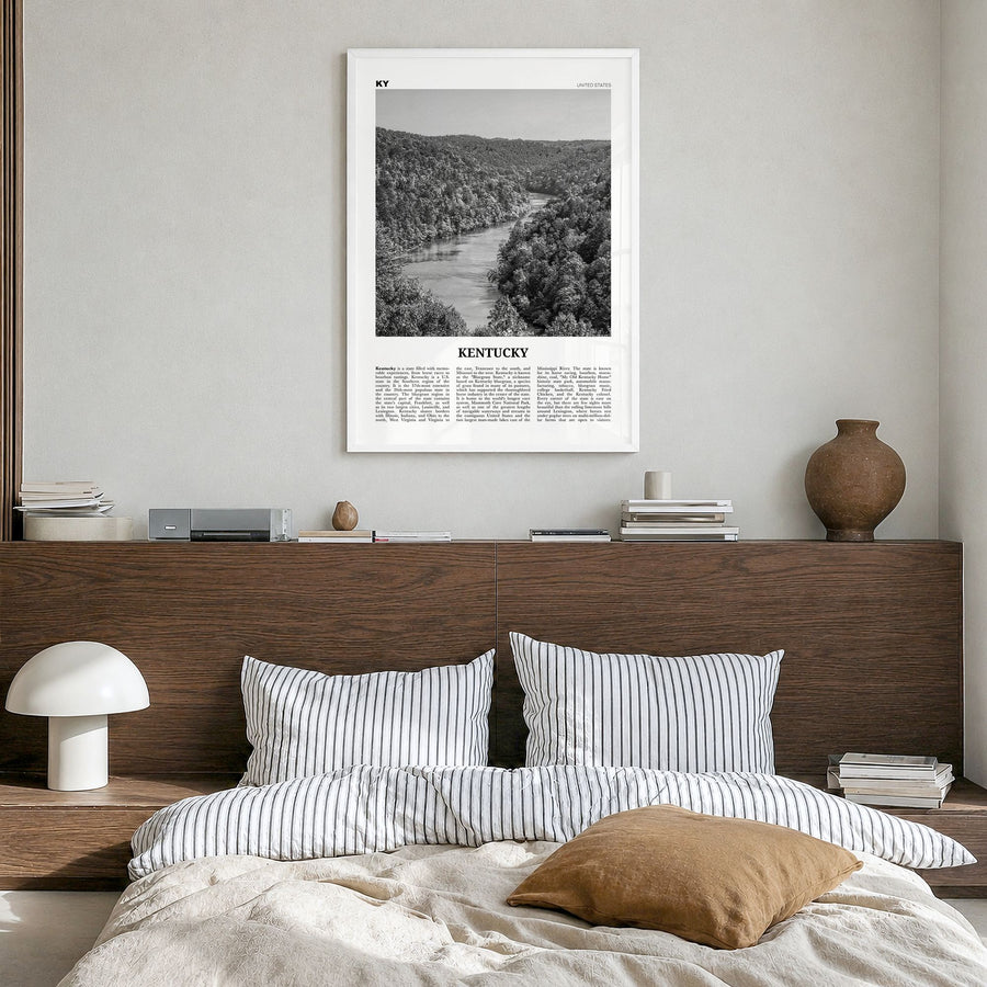 Kentucky Newspaper No 1 Poster in a white wood frame, hanging in a bedroom