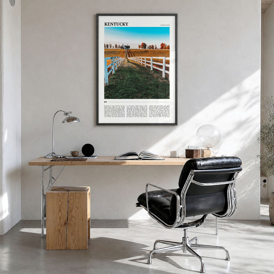 Kentucky Travel Poster in a black wood frame, hanging in a bright home office