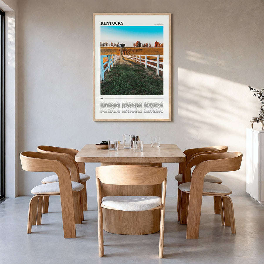 Kentucky Travel Poster in a natural wood frame, hanging in a dining room