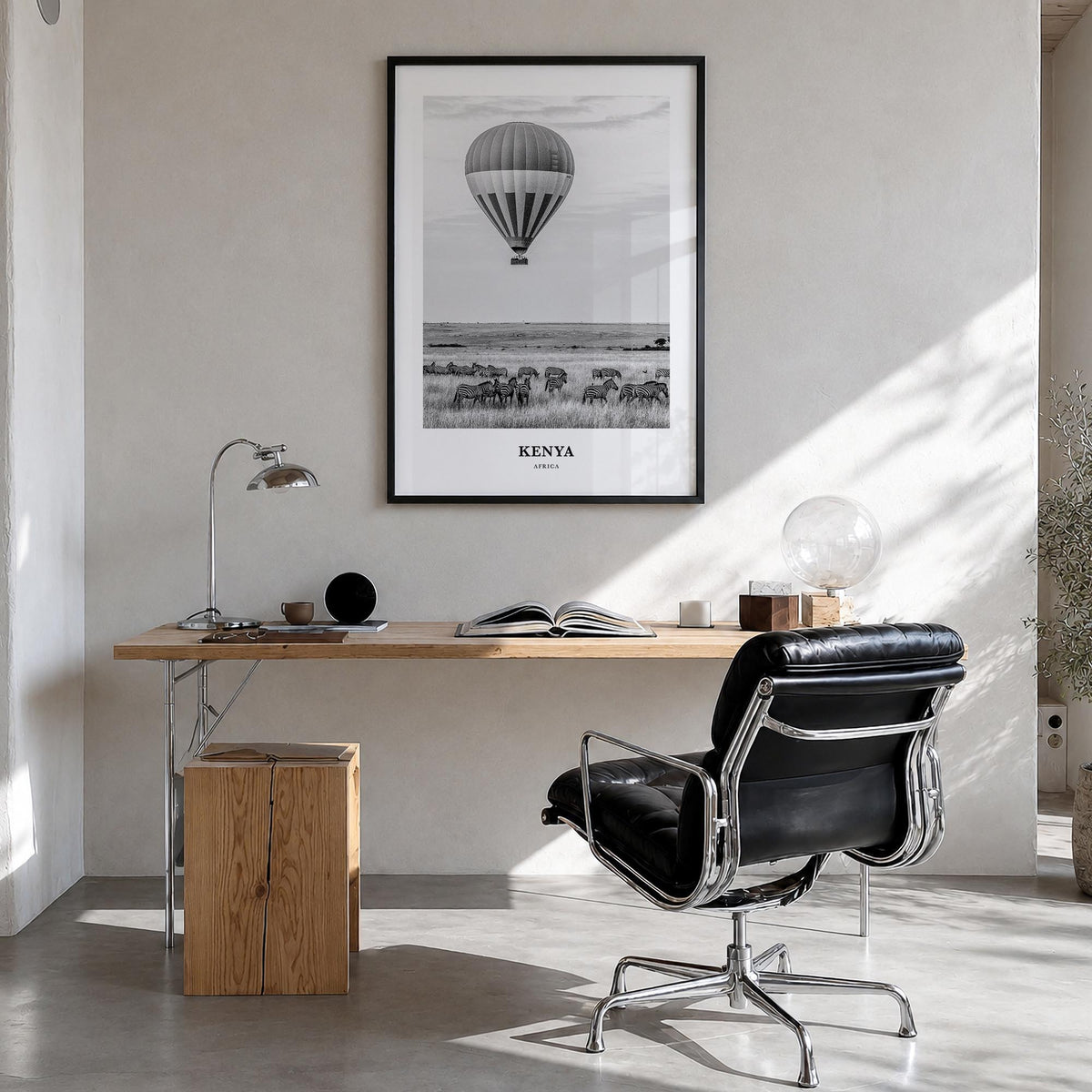 Kenya black & white classic poster of Africa – vertical wall art in black wood frame, hanging on wall