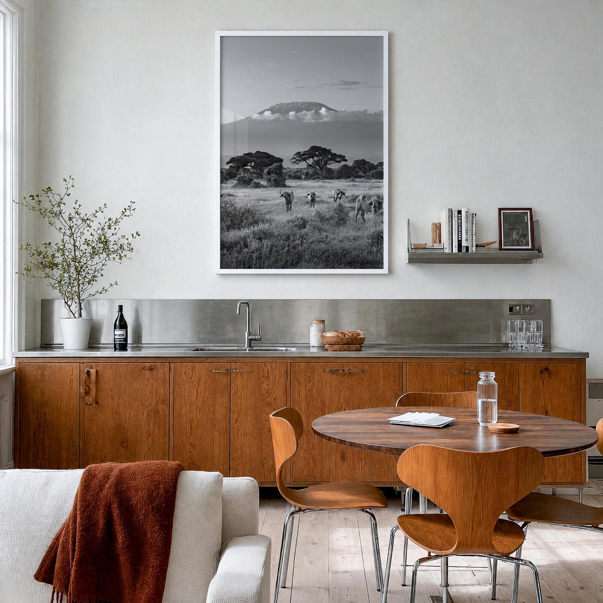 Kenya black & white photo poster of Africa – vertical wall art in white wood frame, hanging on wall