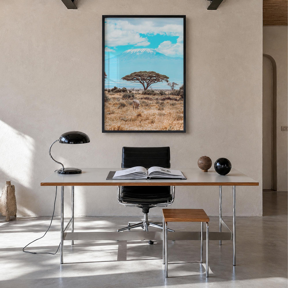 Kenya colorful photo poster of Africa – vertical wall art in black wood frame, hanging on wall