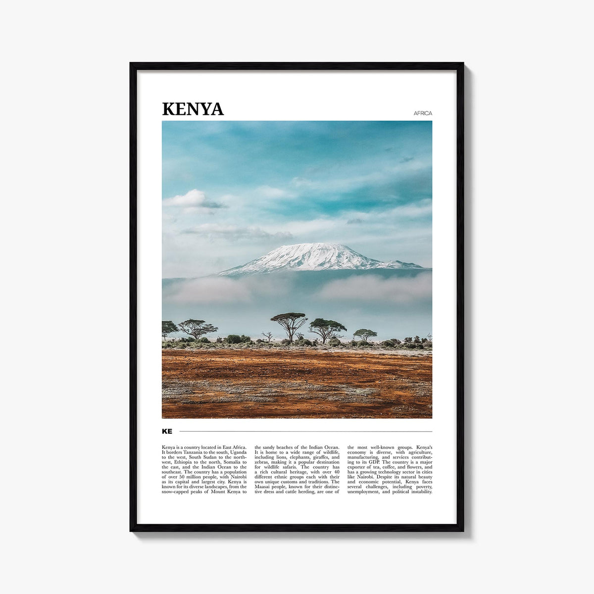 Kenya colorful travel poster of Africa – vertical wall art, unframed print shown in interior mockup