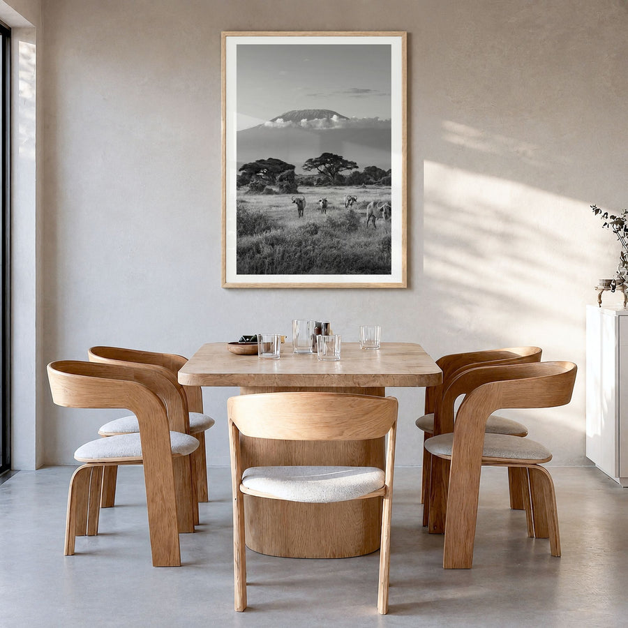 Kenya Photo Poster in a natural wood frame, hanging in a dining room, white border