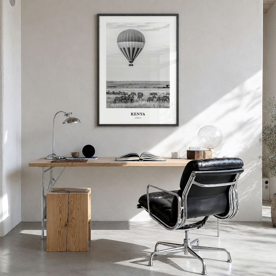 Kenya Classic Poster in a black wood frame, hanging in a bright home office