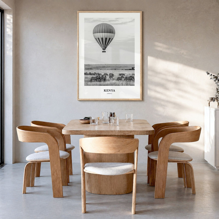 Kenya Classic Poster in a natural wood frame, hanging in a dining room