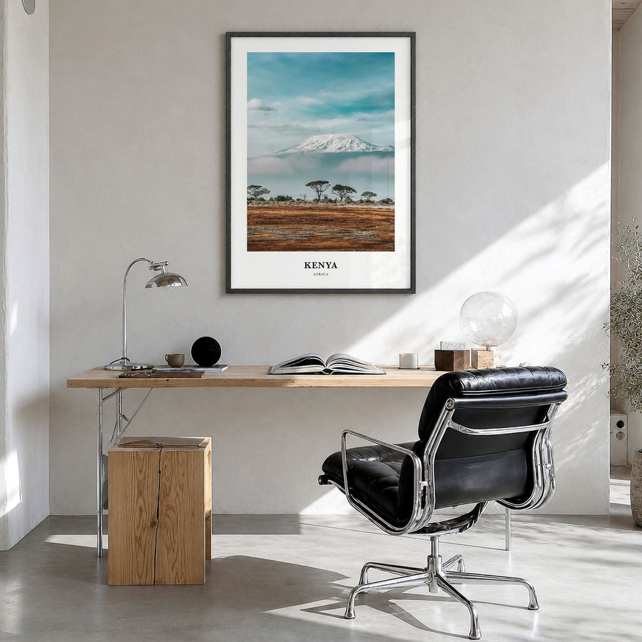 Kenya Classic Poster in a black wood frame, hanging in a bright home office