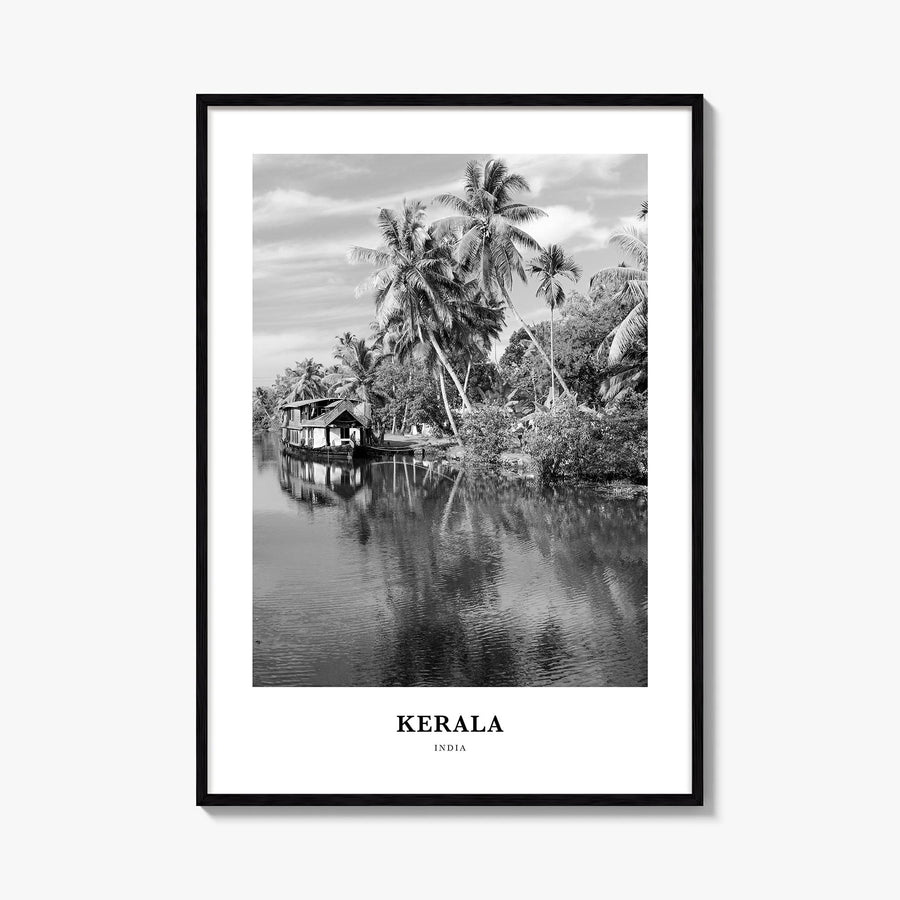 Kerala black & white classic poster of India – vertical wall art, unframed print shown in interior mockup