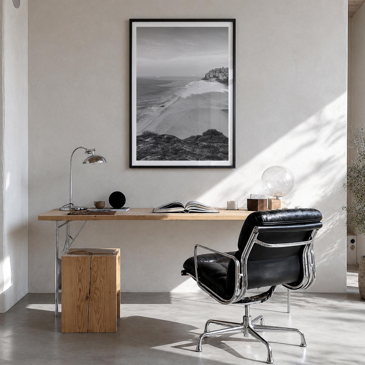 Kerala black & white photo poster of India – vertical wall art in black wood frame with white border, hanging on wall