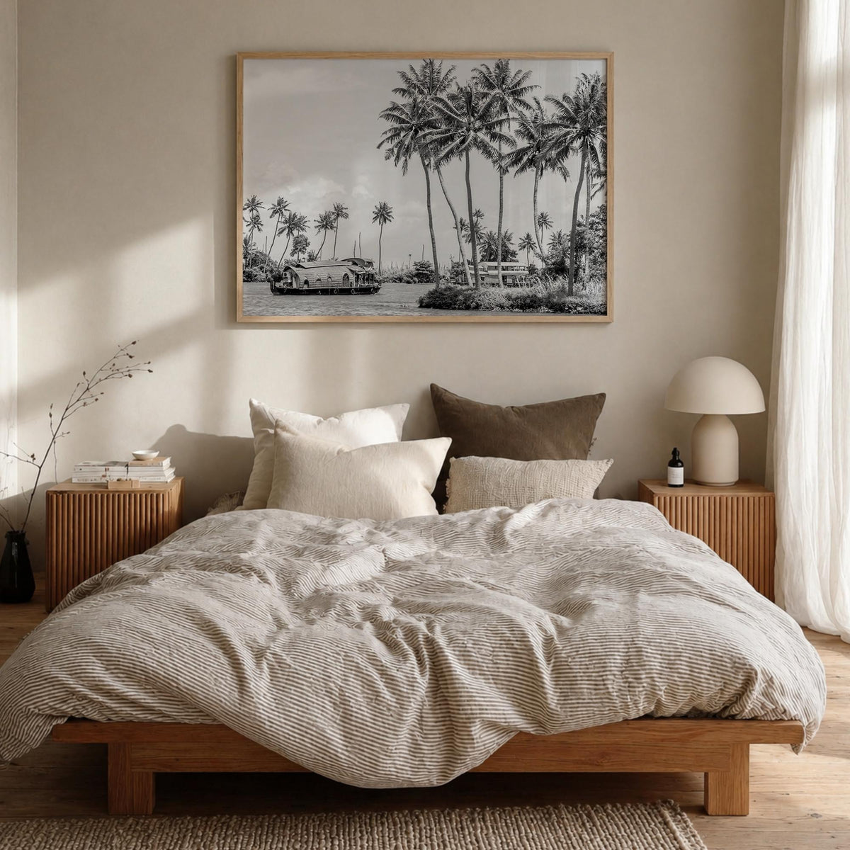 Kerala black & white photo poster of India – horizontal wall art in natural wood frame, hanging on wall