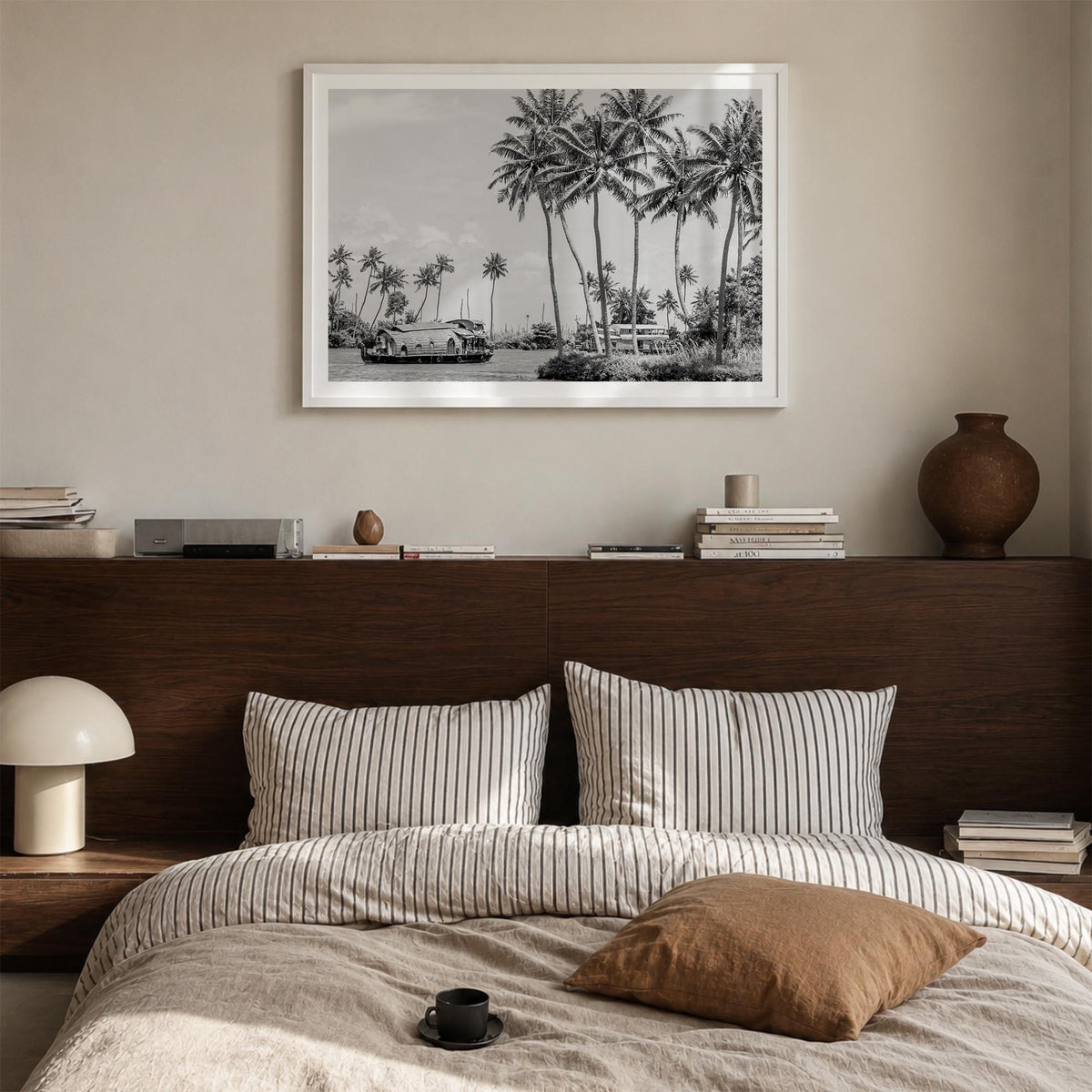 Kerala black & white photo poster of India – horizontal wall art in white wood frame with white border, hanging on wall
