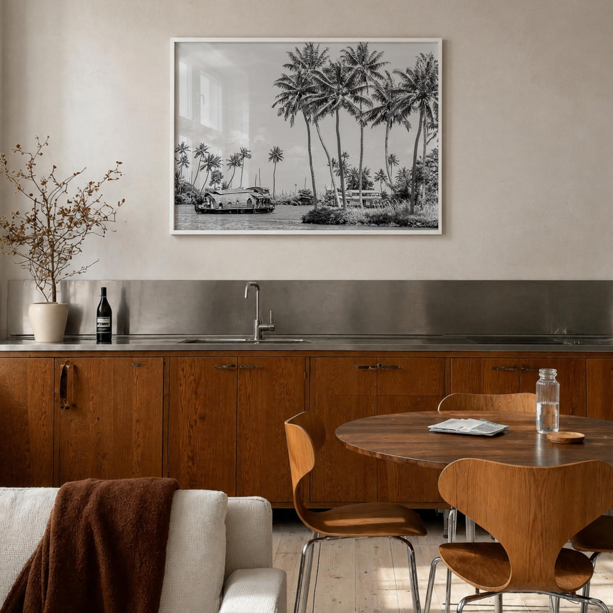 Kerala black & white photo poster of India – horizontal wall art in white wood frame, hanging on wall