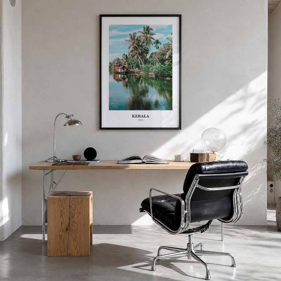 Kerala colorful classic poster of India – vertical wall art in black wood frame, hanging on wall