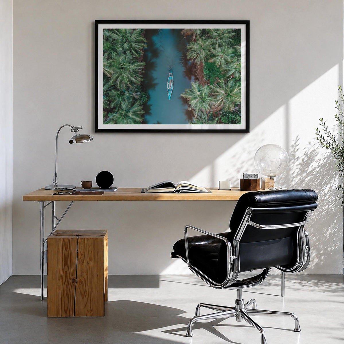 Kerala colorful photo poster of India – horizontal wall art in black wood frame with white border, hanging on wall