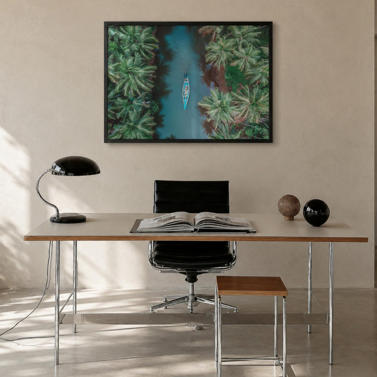 Kerala colorful photo poster of India – horizontal wall art in black wood frame, hanging on wall